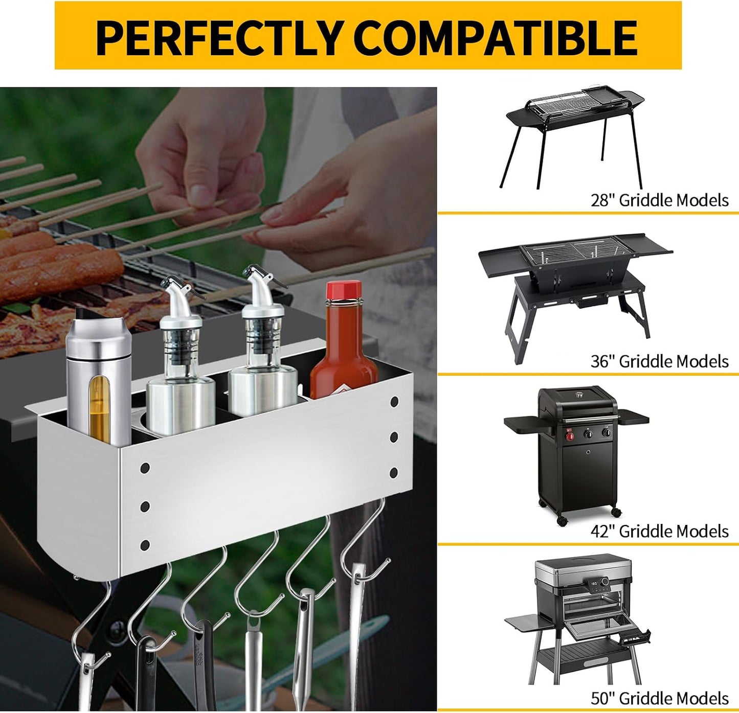 Stainless Steel Griddle Caddy for 28"/36" Blackstone Griddles, BBQ Grill Tool Holder with Removable Storage Organizer, Outdoor Grill Accessory No-Drill Installation