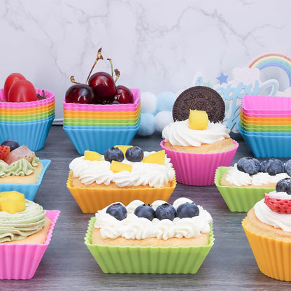 24Pack Silicone Muffin Cups, Reusable Cupcake Liners Molds for Baking, 3 Shapes Lunch Box Bento Dividers-Round, Square, and Rectangular (Orange Series, Regular Size)