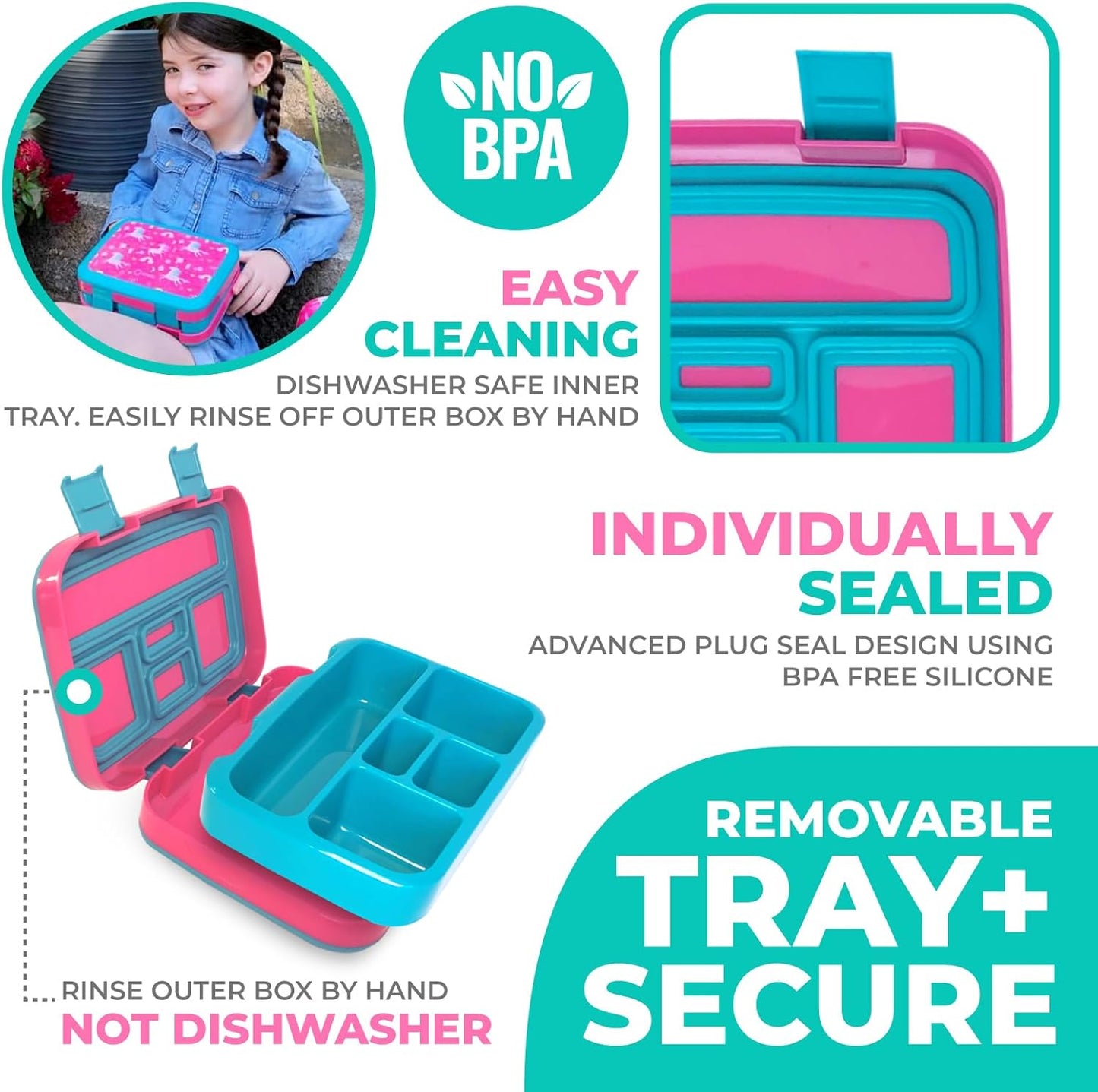 Kinsho Bento Lunch Box for Kids Toddlers, 5 Portion Control Sections, BPA Free Removable Plastic Tray, Pre-School Kid Toddler Daycare Lunches, Snack Container Ages 3 to 7 (Blue Space Rockets)