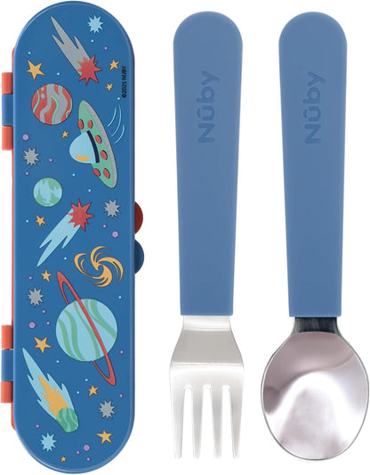 Nuby Stainless Steel Toddler Utensils with Travel Case - Self-Feeding Fork & Spoon Set for Kids - Easy-to-Hold Training Utensils - Rounded Safe Edges for Self-Feeding - Unicorns