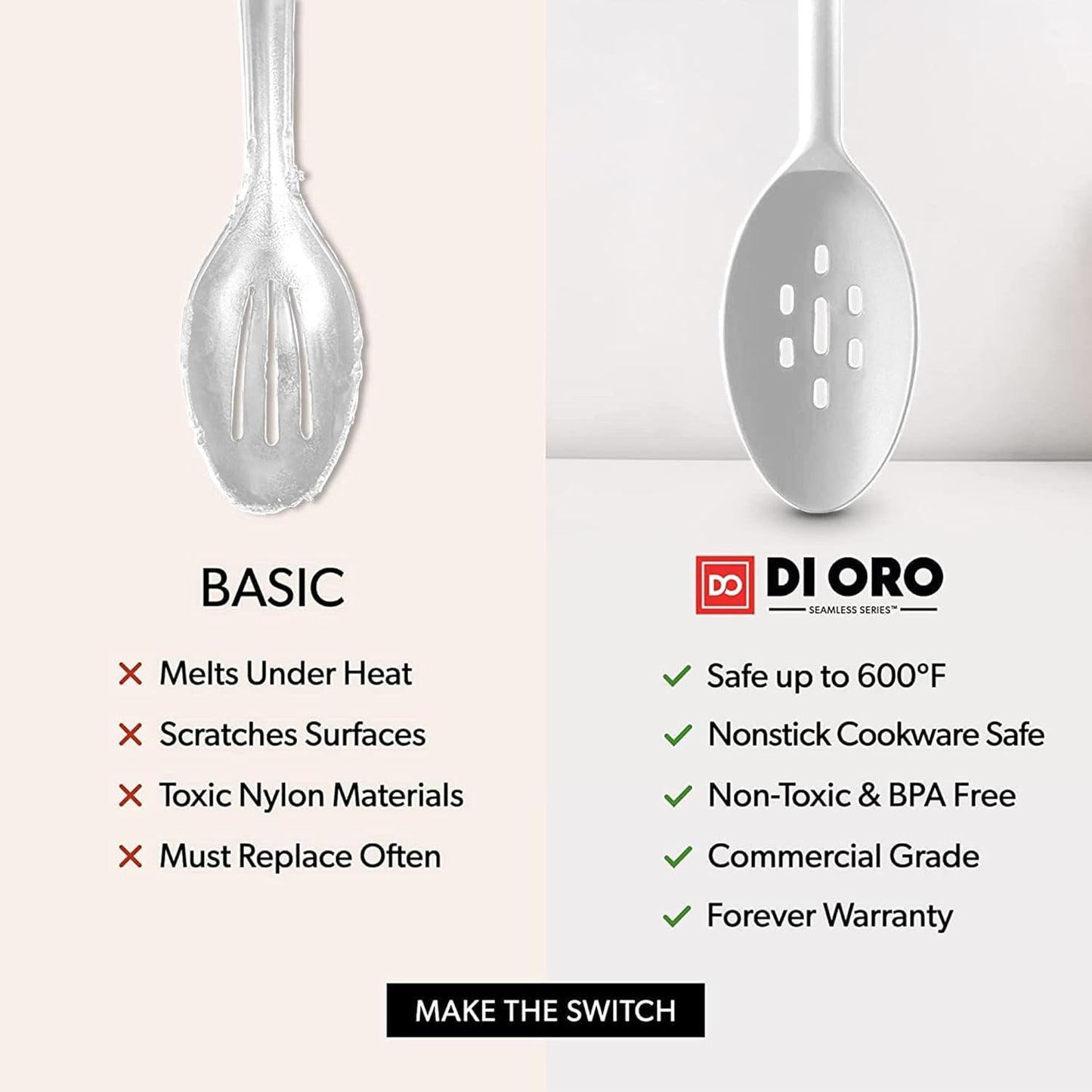 DI ORO Silicone Spoons for Cooking - Large Kitchen Spoons for Mixing, Serving, & Stirring - 600°F Heat-Resistant Non Stick Utensils – Big Solid & Slotted - Dishwasher Safe (2pc, Black)