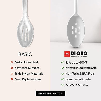 DI ORO Silicone Spoons for Cooking - Large Kitchen Spoons for Mixing, Serving, & Stirring - 600°F Heat-Resistant Non Stick Utensils – Big Solid & Slotted - Dishwasher Safe (2pc, Black)