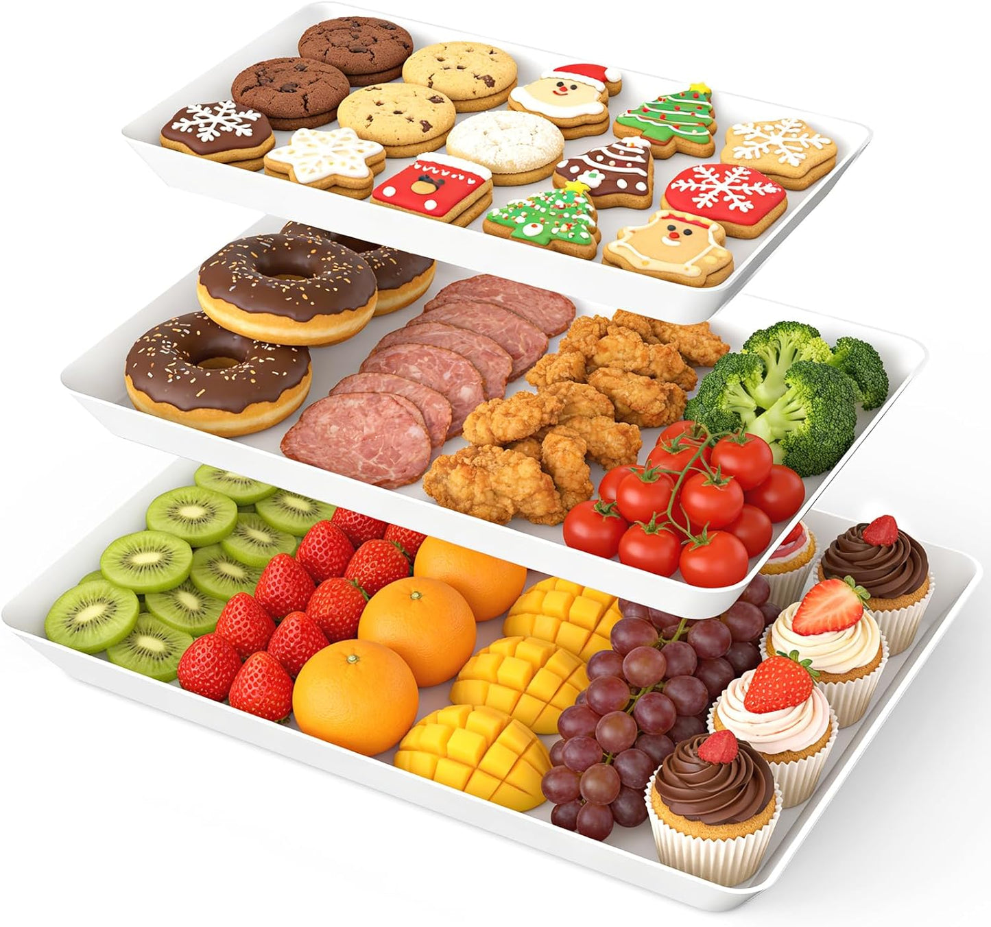 SpaceWhisper 3 Pack Serving Tray, White Rectangular Appetizer Platters for Party, Catering, Buffet, Large Reusable Serving Dishes for Snacks, Fruit, Dessert, 3 Size Set 16 * 11", 14 * 9", 12 * 7"