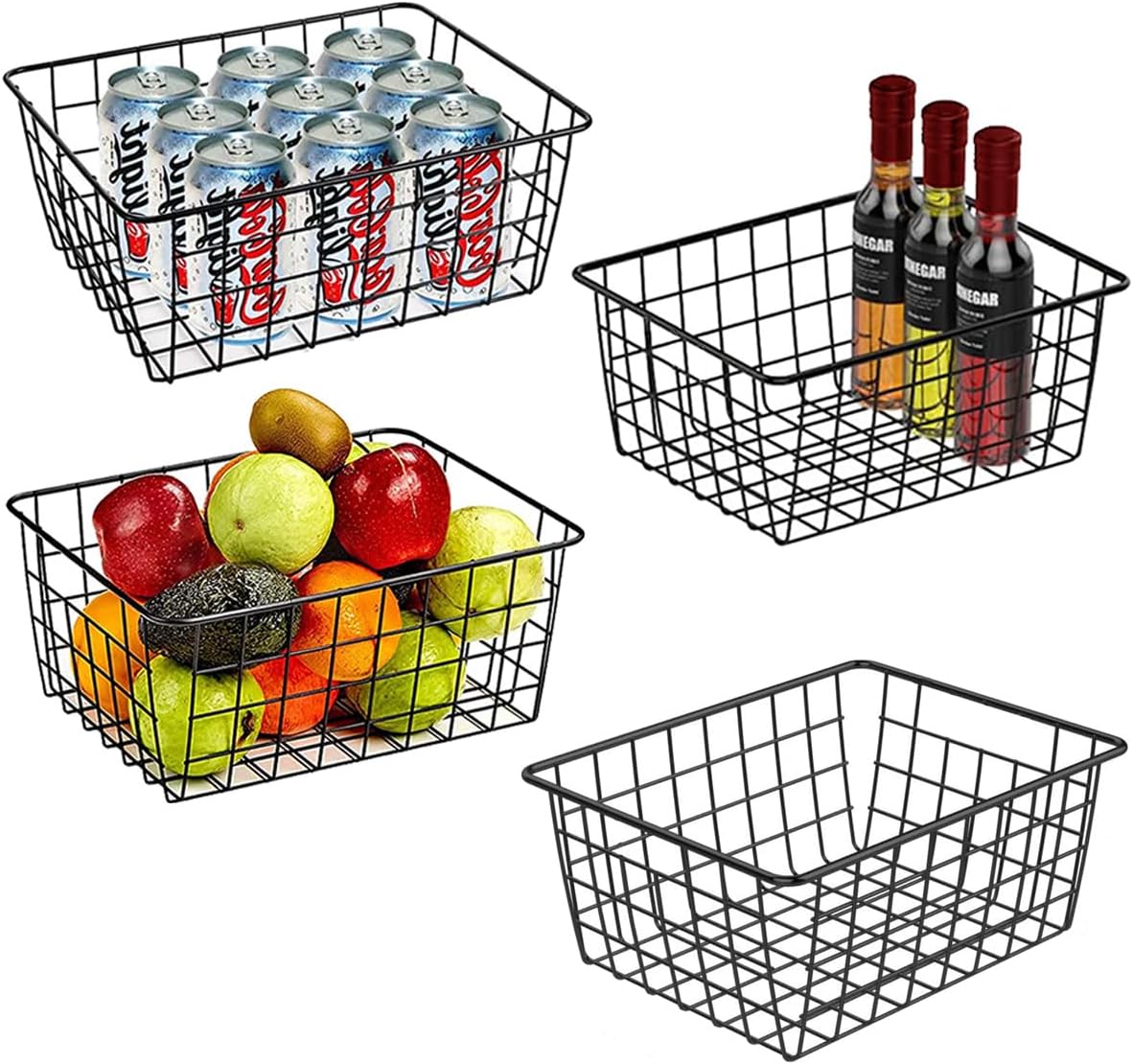 3 Pack Large Wire Baskets for Organizing 14.2'' Metal Wire Baskets with Built-in Handles, Wire Storage Basket Black Metal Freezer Organizer Wire Basket for Pantry, Cabinets, Bathroom