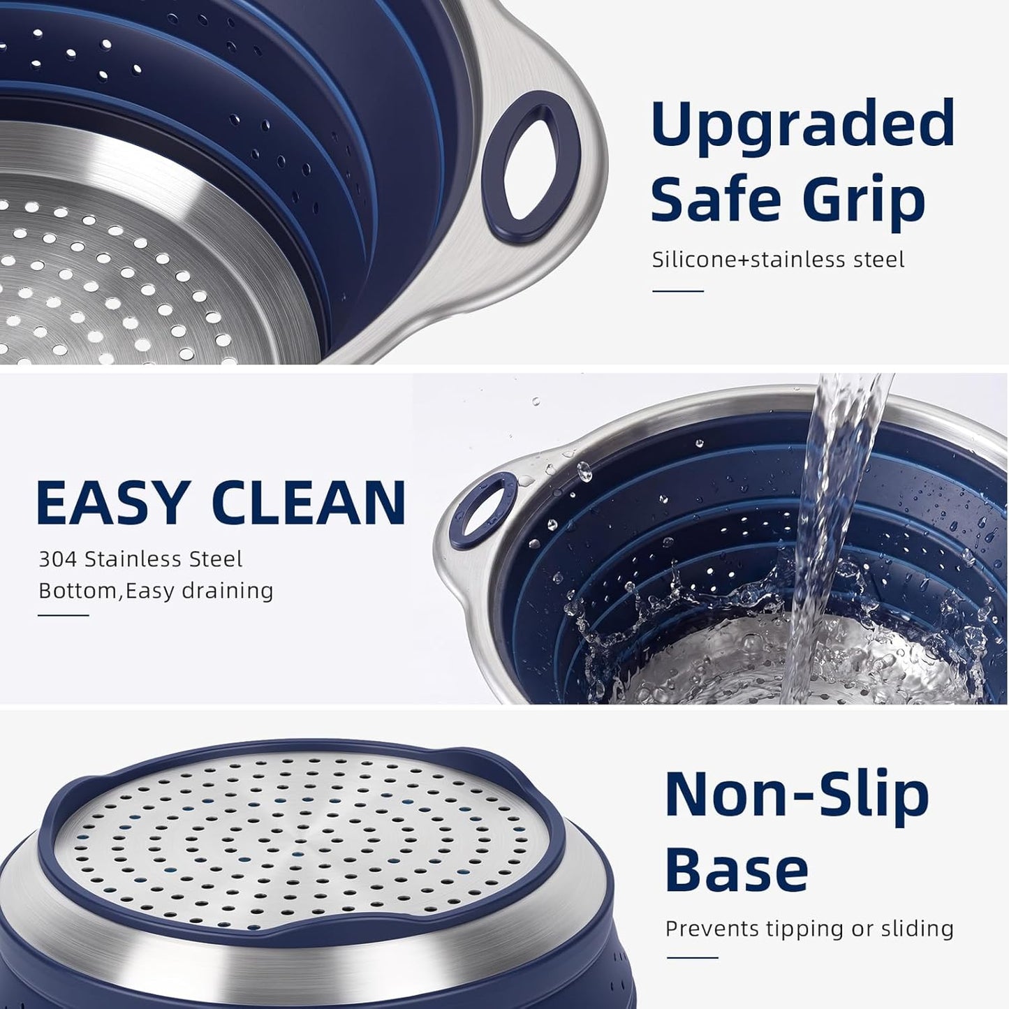 Collapsible Colander Set with Silicone Mat,2-in-1 Stainless Steel Colander for Kitchen, Foldable Metal Colander, Space-Saving for Pasta Veggies Fruit(NAVY BLUE)