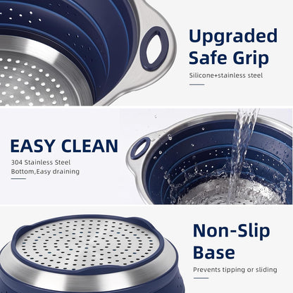 Collapsible Colander Set with Silicone Mat,2-in-1 Stainless Steel Colander for Kitchen, Foldable Metal Colander, Space-Saving for Pasta Veggies Fruit(NAVY BLUE)