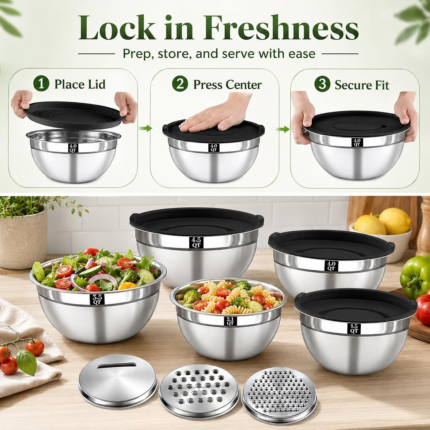 21PCS Mixing Bowls with Lids Set - 7 Nesting Mixing Bowls, 3 Graters, 11 Baking Tools, Lids, Stainless Steel Mixing Bowls for Mixing & Baking, Size 0.7/1.1/1.5/2.1/3.5/4/4.5 QT, Black