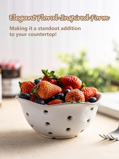 Gomakren Berry Bowls with Holes Ceramic, Berry Washing Bowl Basket Set of 2, 5.8 Inch Round Fruit Bowl Storage Containers, Strawberry Baskets, Farmhouse Kitchen Decor, Yellow + Brown