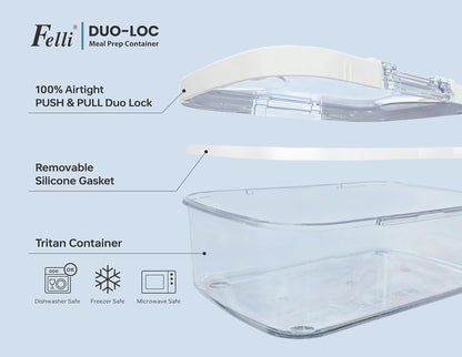 Felli Duo Loc Tritan Meal Prep Containers Microwave Safe BPA FREE, Leak Proof Lunchable Container for Leftovers Kitchen Fridge Freezer, Reusable Plastic On the Go Lunch Travel Box (Beginner 3pk)