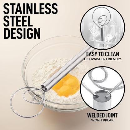 Zulay Kitchen 13-Inch Danish Dough Whisk - Stainless Steel Wooden Whisk with Dough Hook - Sourdough Whisk for Bread, Pizza, Pastry, Cake Batter & More - Wood
