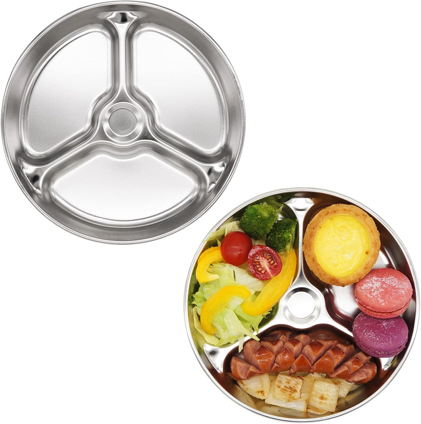 Korean Stainless Steel Divided Plates for Adults, Teens, Premium 304, Electro-Polished, No Black Residue, BPA-Free, Large 5-Compartment Food Tray, Diet Portion Control, Camping, Set of 2