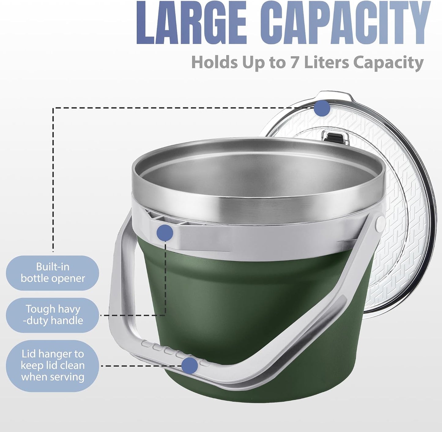 COKTIK 7L Vacuum Insulated Ice Bucket with Lid and Scoop& Tongs，Large capacity Stainless Steel Beverage Bucket for Cocktail, Champagne, Wine, Beer，Large Parties（Milk White Suit）