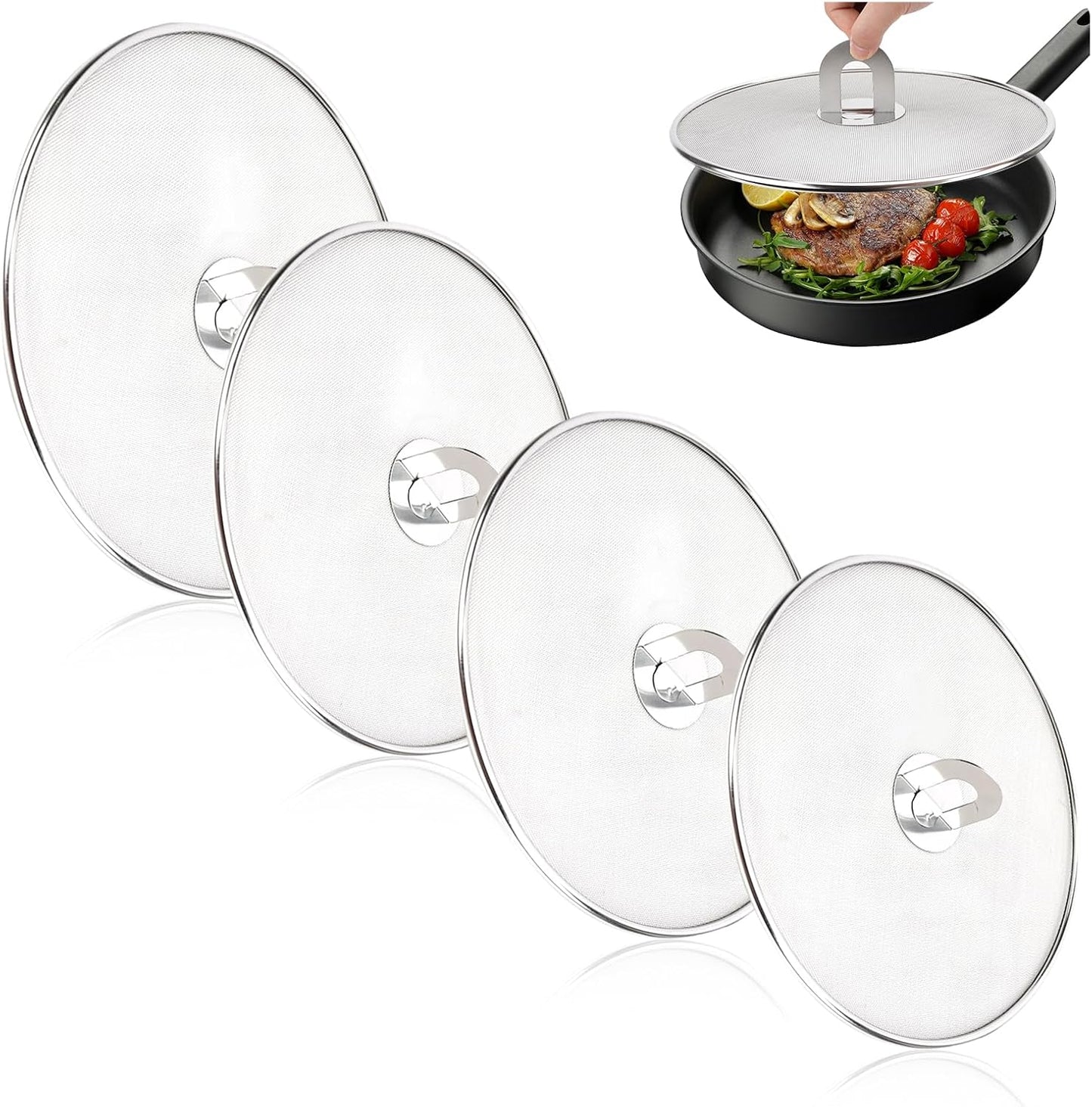 4PCS Splatter Screen for Frying Pan, Stainless Steel Grease Splatter Guard, Hot Oil Splatter Screen with Foldable Knob, Ultra-Fine Mesh No Burns Keeps Kitchen Clean(8", 10", 11.5", 13")
