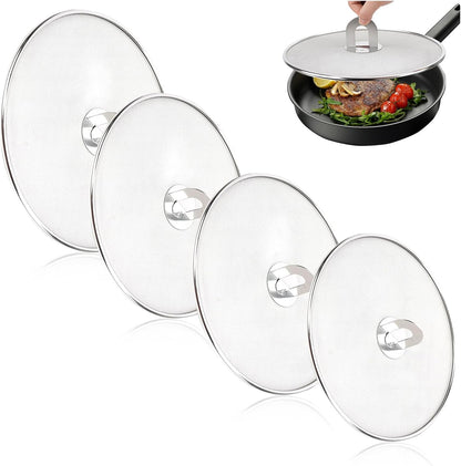 4PCS Splatter Screen for Frying Pan, Stainless Steel Grease Splatter Guard, Hot Oil Splatter Screen with Foldable Knob, Ultra-Fine Mesh No Burns Keeps Kitchen Clean(8", 10", 11.5", 13")