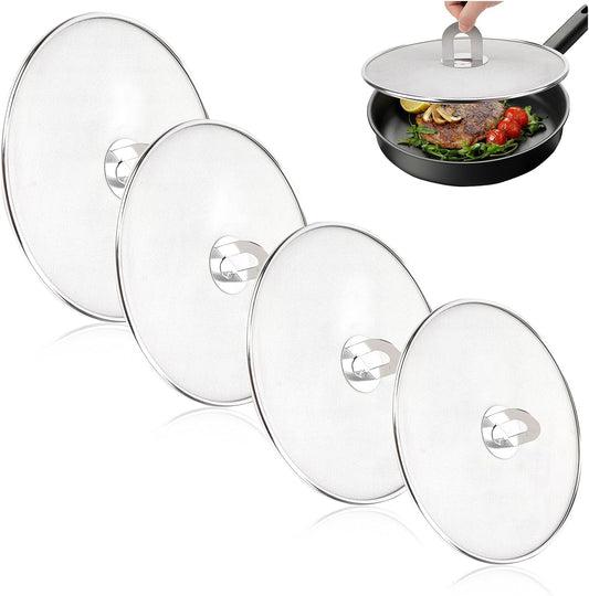 4PCS Splatter Screen for Frying Pan, Stainless Steel Grease Splatter Guard, Hot Oil Splatter Screen with Foldable Knob, Ultra-Fine Mesh No Burns Keeps Kitchen Clean(8", 10", 11.5", 13")
