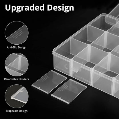 Exptolii 15 Large Grids Plastic Organizer Box with Dividers, 2 Pack Clear Compartment Container Storage for Washi Tapes Beads Crafts Jewelry Fishing Tackles, Size 11 x 6.3 x 2.2 in
