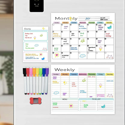Hivillexun Black Magnetic Dry Erase Calendar for Fridge - 3 Pack Monthly, Weekly & Daily Planner Set (14"x11"), Includes 8 Neon Ultra-Fine Tip Markers & Large Eraser, Reusable Whiteboard for Kitchen