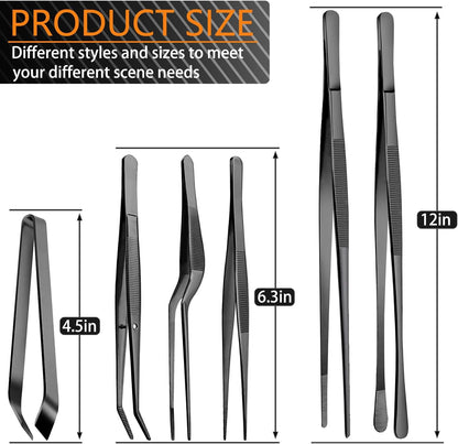 JETKONG 6 Pcs Cooking Tweezer Tongs, 12'' and 6.3" Stainless Steel Kitchen Tweezer Set, Professional Chef Tweezers for Cooking, Repairing, Sea Food, BBQ, Multi-use
