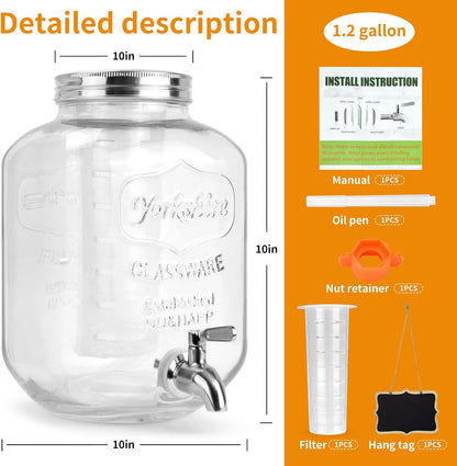 1 Gallon Glass Drink Dispensers For Parties 2PACK.Beverage Dispenser,Glass Drink Dispenser With Stand And Stainless Steel Spigot 100% Leakproof.Lemonade Dispenser With Ice Cylinder.Laundry Detergent
