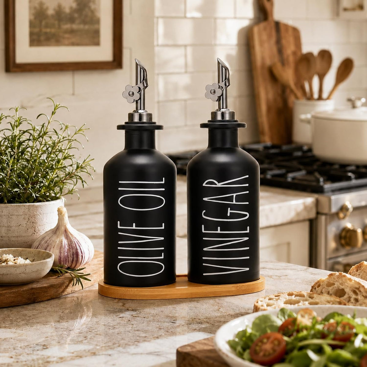 HOMCDALY Premium Olive Oil Dispenser for Kitchen, 11.8oz Glass Oil Bottles with Bamboo Tray, White Oil&Vinegar Cruet Set, Kitchen Dispenser Bottles with Pourer| Set of 2 (11.8oz –P–White)
