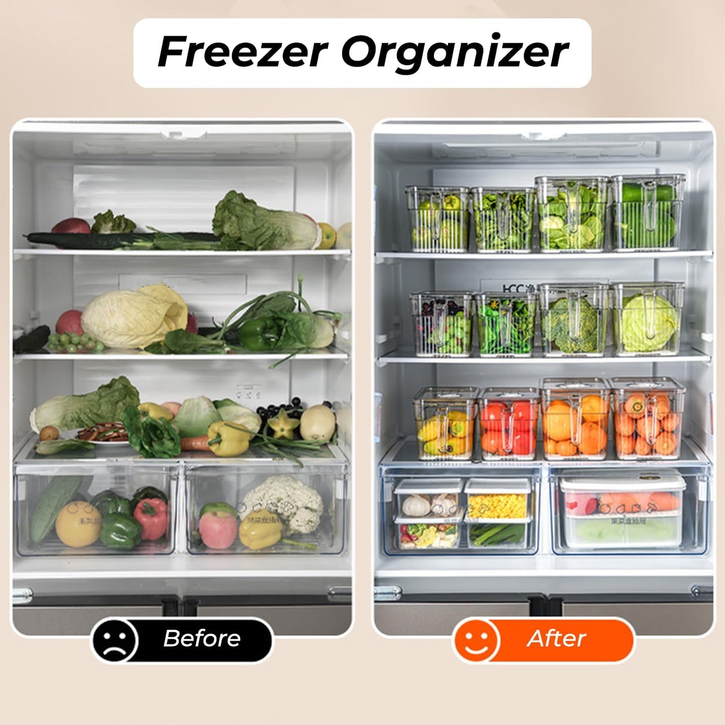 2 Pack Clear Refrigerator Organizers and Storage, Plastic Fridge Organizer Bins with Handle and Removable Drain Tray, Multi-Use Organizer Bins for Kitchen, Cabinets, Fridge, Drinks, Vegetable