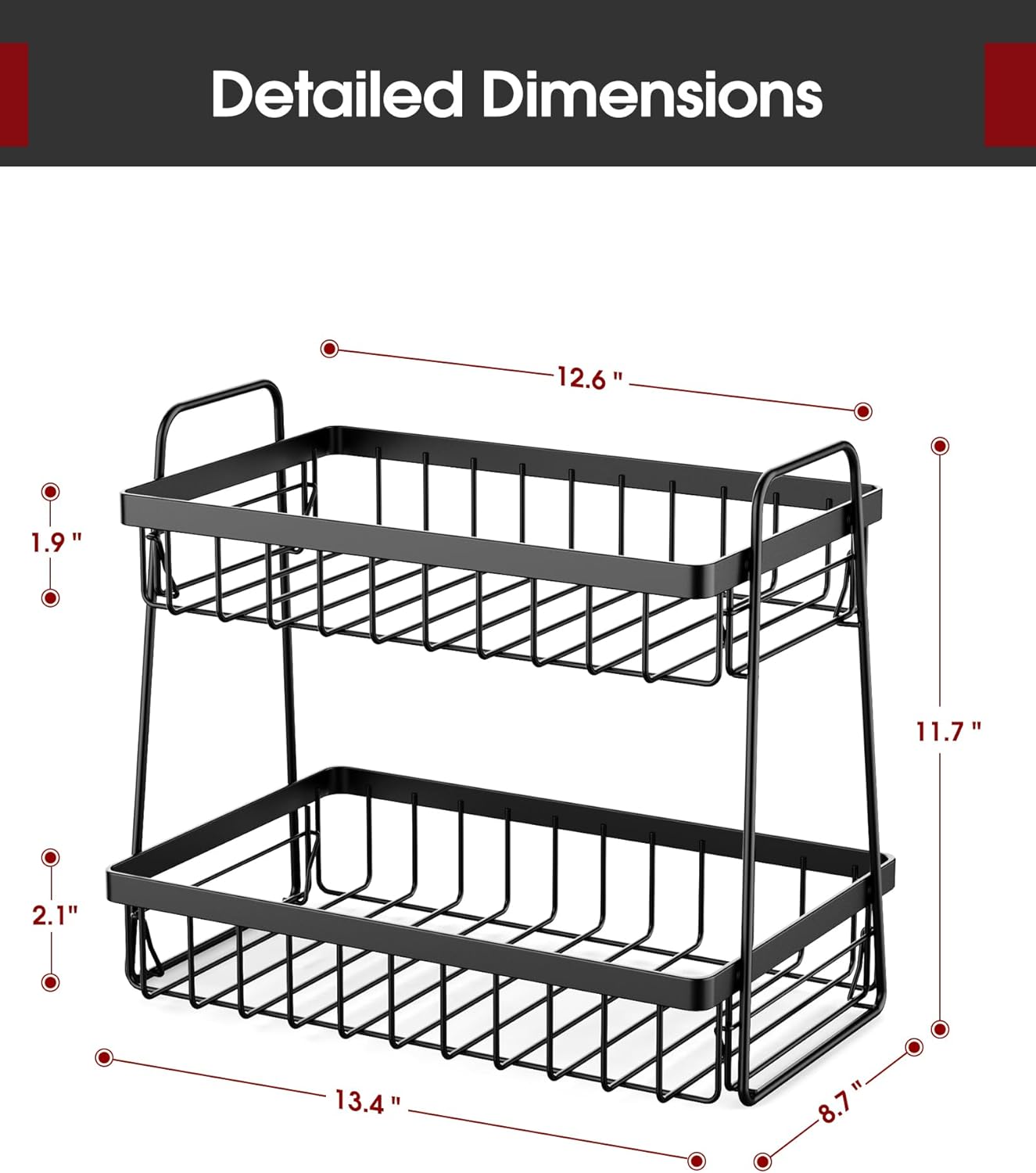 Sakugi Fruit Basket for Kitchen Counter - 2-Tier Fruit Bowl with Removable Banana Hanger & Handles, Rustproof Fruit Holder for Kitchen, Living Room, Bathroom, 13.4"×8.7"×11.7", Black