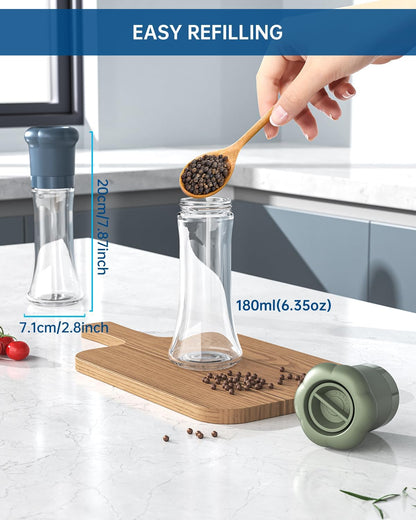 CIRCLE JOY Premium Manual Salt and Pepper Grinder Set, Refillable Salt and Pepper Shakers with Ceramic Blades, Adjustable Coarseness and BPA-free 180ml Glass Container, Tall Black White
