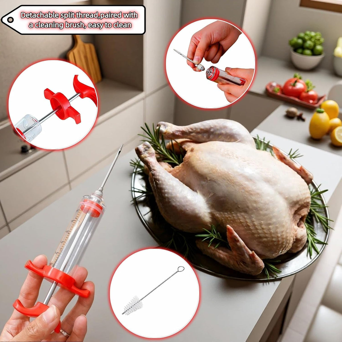 Meat Injector Syringe with Cleaning Brush,30ml/1oz Capacity Turkey Injector with 3"Needle,1 oz Brining Kit for Effortless Marinating-Perfect for BBQ,Chicken,Thanksgiving Turkey,Steak&Grill