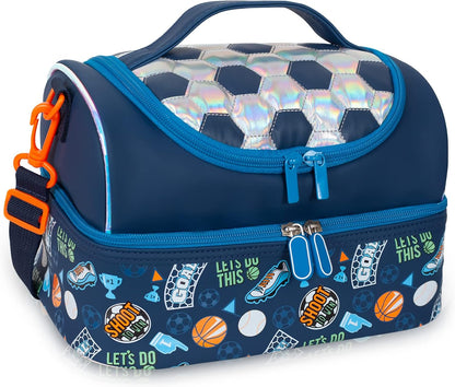 Kids Double Decker Cooler Insulated Lunch Bag, Back to School Large Meal Tote for Boys, Girls, Men, Women, with Adjustable Strap, Soccer