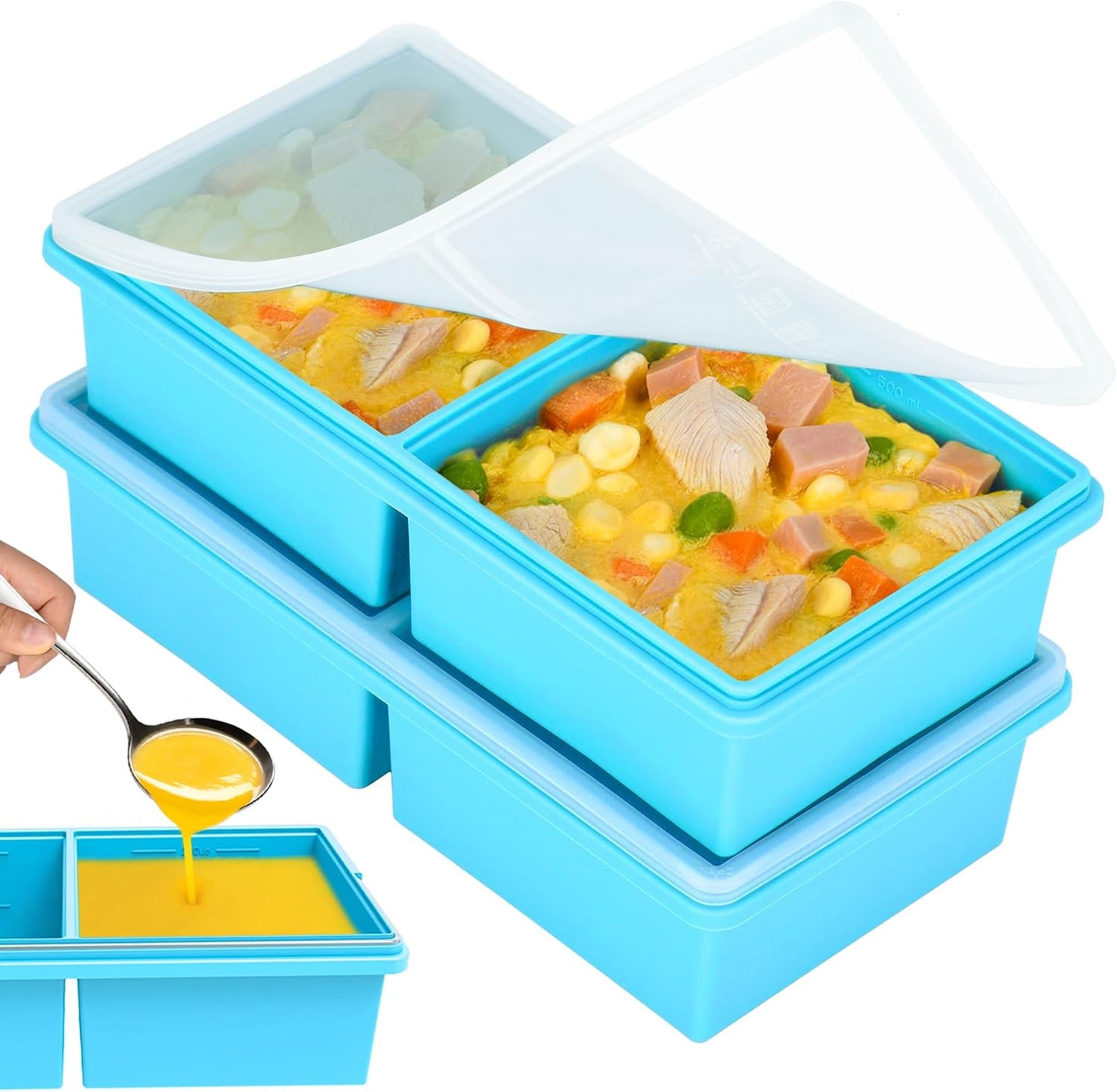 2 cup Silicone Freezer Trays with Lids, Silicone Soup Freezer Molds, Easily prepare portioned meals, Great for storing soups, lasagna, leftovers, sauces and other dishes, Dishwasher, Oven Safe