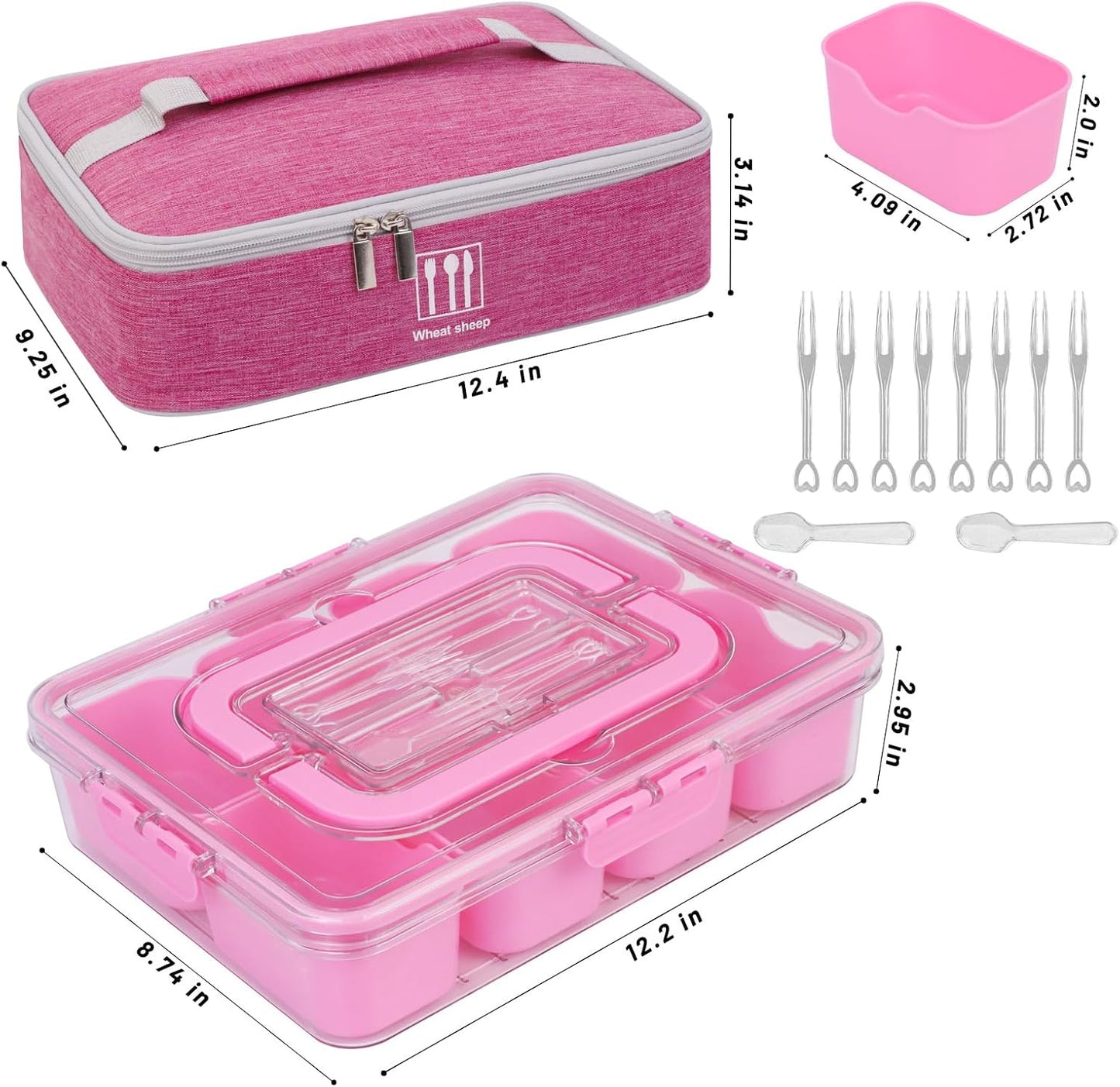 Snack Box Container with Insulated Cooler Bag, Divided Serving Tray with Lid and Handle Beach Essentials, Snackle Box Veggie Fruit Tray with 8 Compartments & 8 Forks & 2 Spoon
