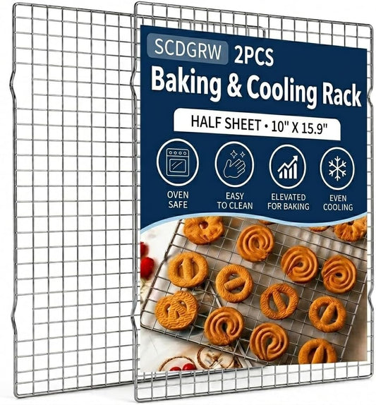 Cooling Rack Set of 2, 10" x 16" No Warp Heavy Duty Stainless Steel Baking Rack - Fits Jelly Roll Cookie Sheet Pan, Oven Safe 575°F, for Baking, Roasting & Dehydrating, Dishwasher Safe