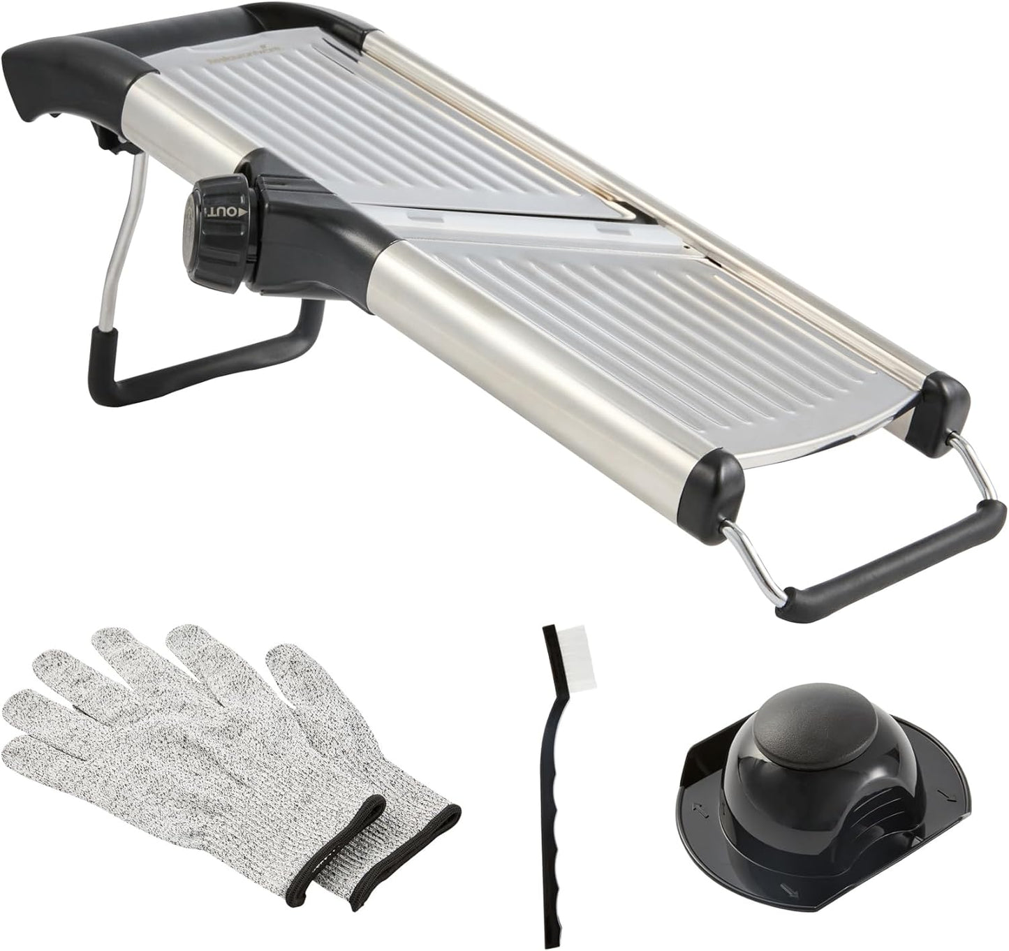Restaurantware Stainless Steel Adjustable Mandoline Slicer - German Standard Vegetable Slicer with Blade Guard, Includes Cut-Resistant Gloves - Food Slicer for Potato, Onions, Cucumbers, Tomato