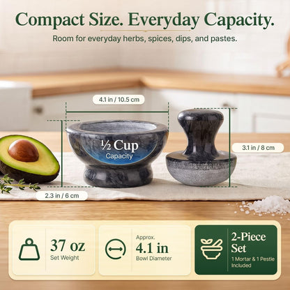 Flexzion Small Marble Mortar and Pestle Set, 4-Inch 1/2-Cup Bowl, White