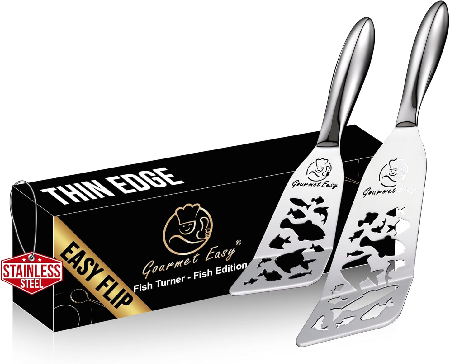 Stainless Steel Fish Spatula Set – 1 Large Fish Turner + 1 Small Metal Spatula, Ultra-Thin Edge for Easy Turning & Flipping, Metal Kitchen Utensils with Ergonomic Non-Slip Handle, Dishwasher Safe