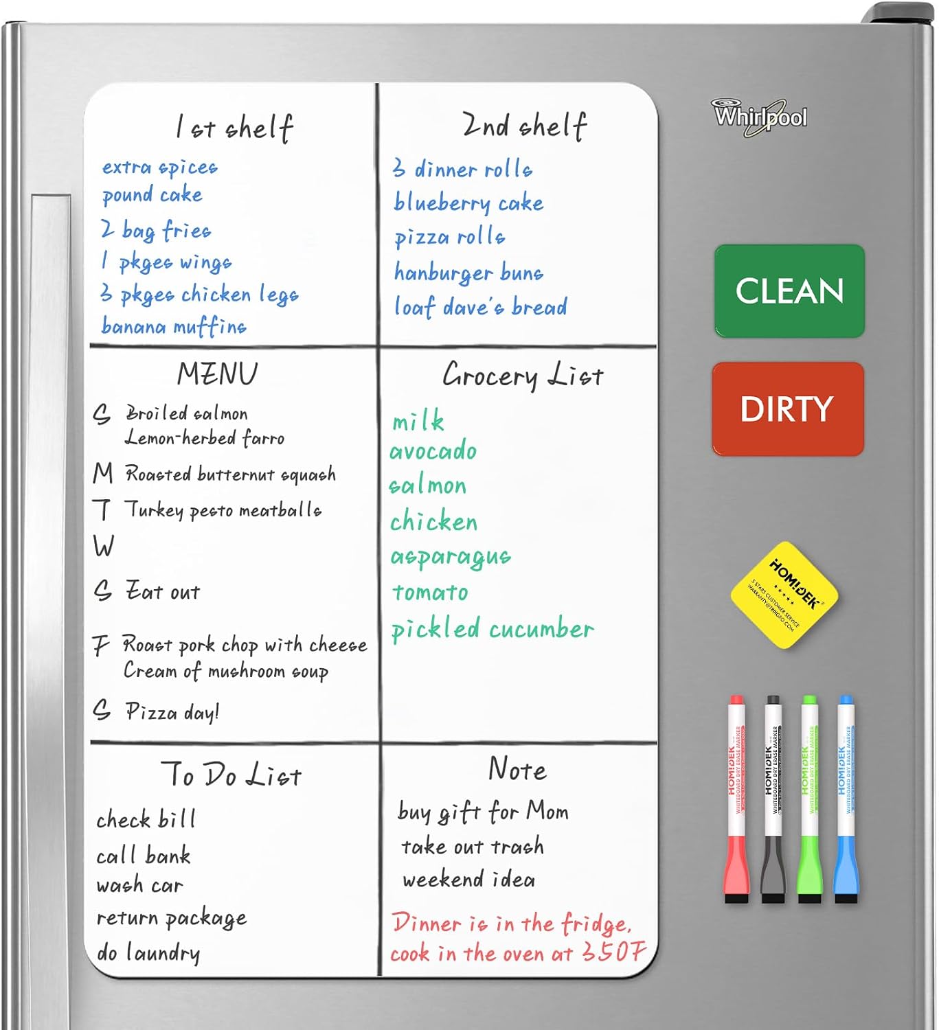 HOMiDEK Magnetic Dry Erase Board: Small Fridge Whiteboard, Flexible Refrigerator Magnet White Board, Blank Writing Note Sheet with Kitchen Conversion Chart Magnet, 4 Markers & Eraser - 12 x 8