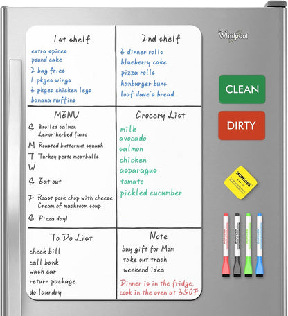 HOMiDEK Magnetic Dry Erase Board: Small Fridge Whiteboard, Flexible Refrigerator Magnet White Board, Blank Writing Note Sheet with Kitchen Conversion Chart Magnet, 4 Markers & Eraser - 12 x 8