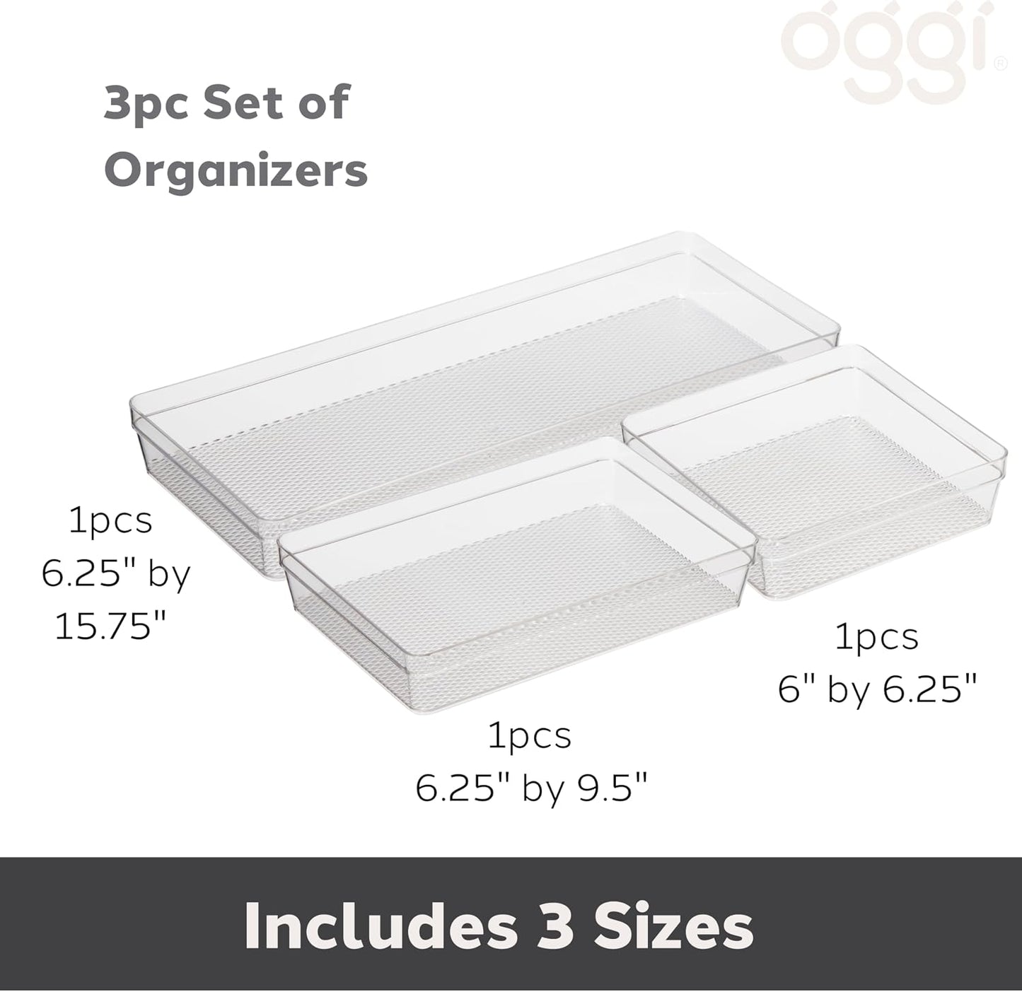 Oggi Clear Drawer Organizer - 3" X 12.5" - Ideal for Organizing Kitchen Drawers, Office, Desk, Silverware, Kitchen Utensils, Cosmetics and Bathrooms