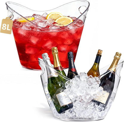 8L Extra Large Clear Acrylic Ice Bucket, 2 Pack | Heavy-Duty Clear Plastic, For Champagne, Wine, & Beer, Portable Drink Cooler, For Large Parties, Weddings, Bar Use