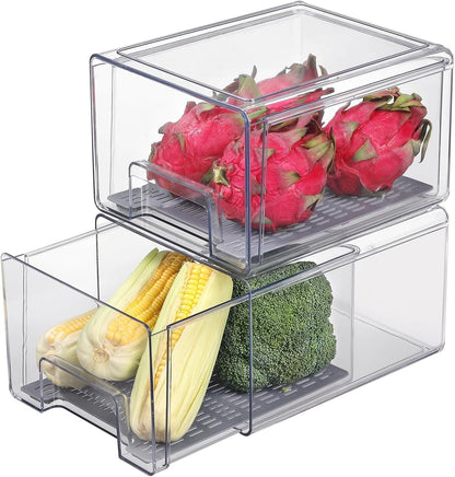 Pull Out Clear Fridge Organizer Drawers with Drainer, Refrigerator Stackable Storage Bins for Kitchen Fruit & Veggie Organization (Complete Set)