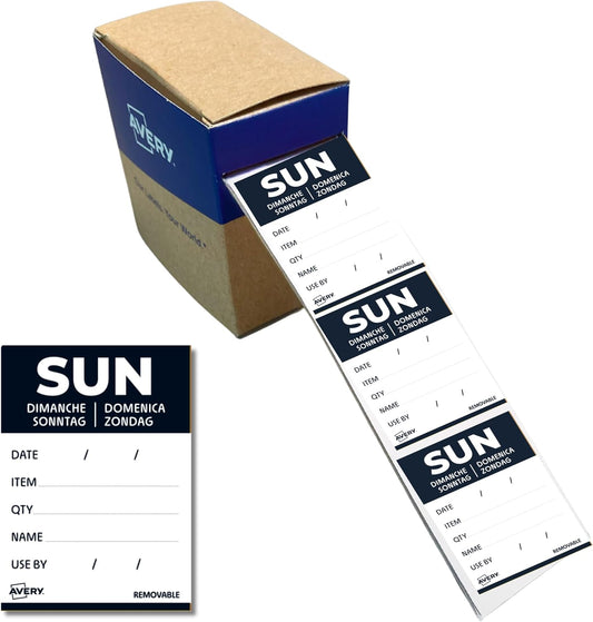 Avery Removable, Hand Writable, Detailed Food Day Labels, Strong Adhesive, 40 x 56 mm, Sunday, Black, 500 Labels, Preprinted Design (DLDSUNREV-500)