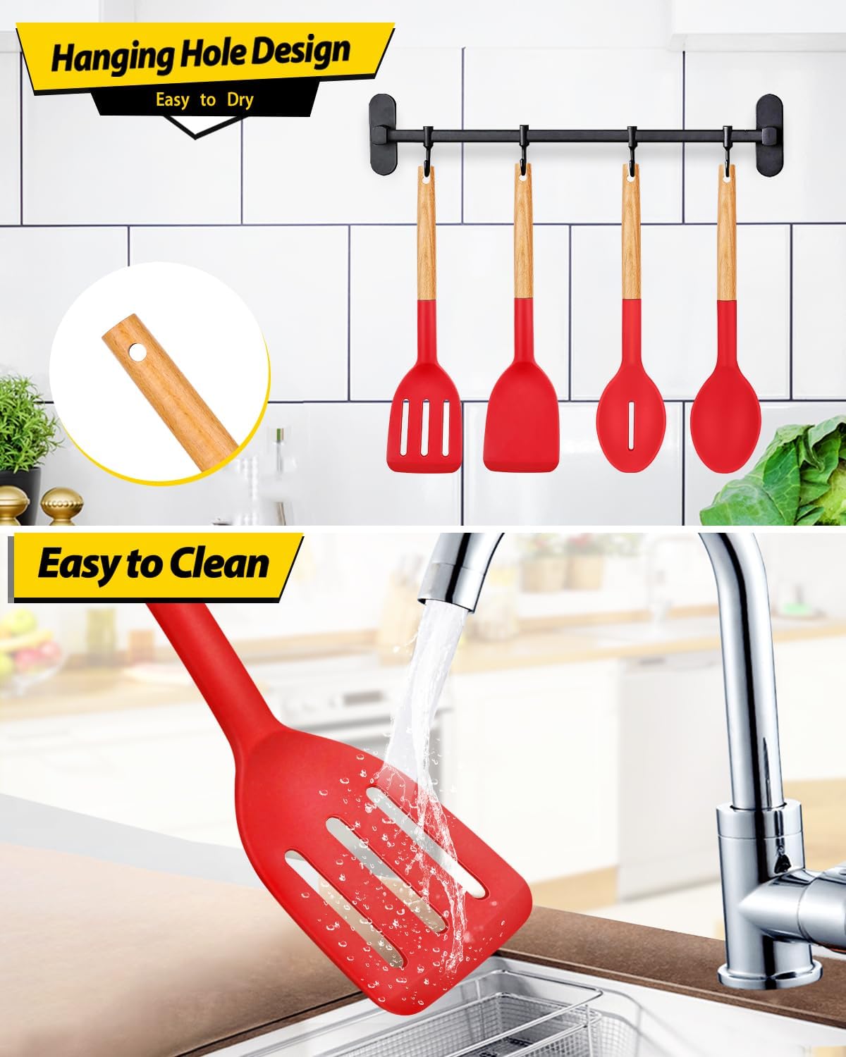 Pack of 4 Silicone Cooking Utensils Set, Non Stick Solid Spatulas and Heat Resistant Slotted Spoons with Wooden Handle, Ideal Wood Kitchen Utensils Set for Frying,Serving,Turning,Stirring (KHAKI)