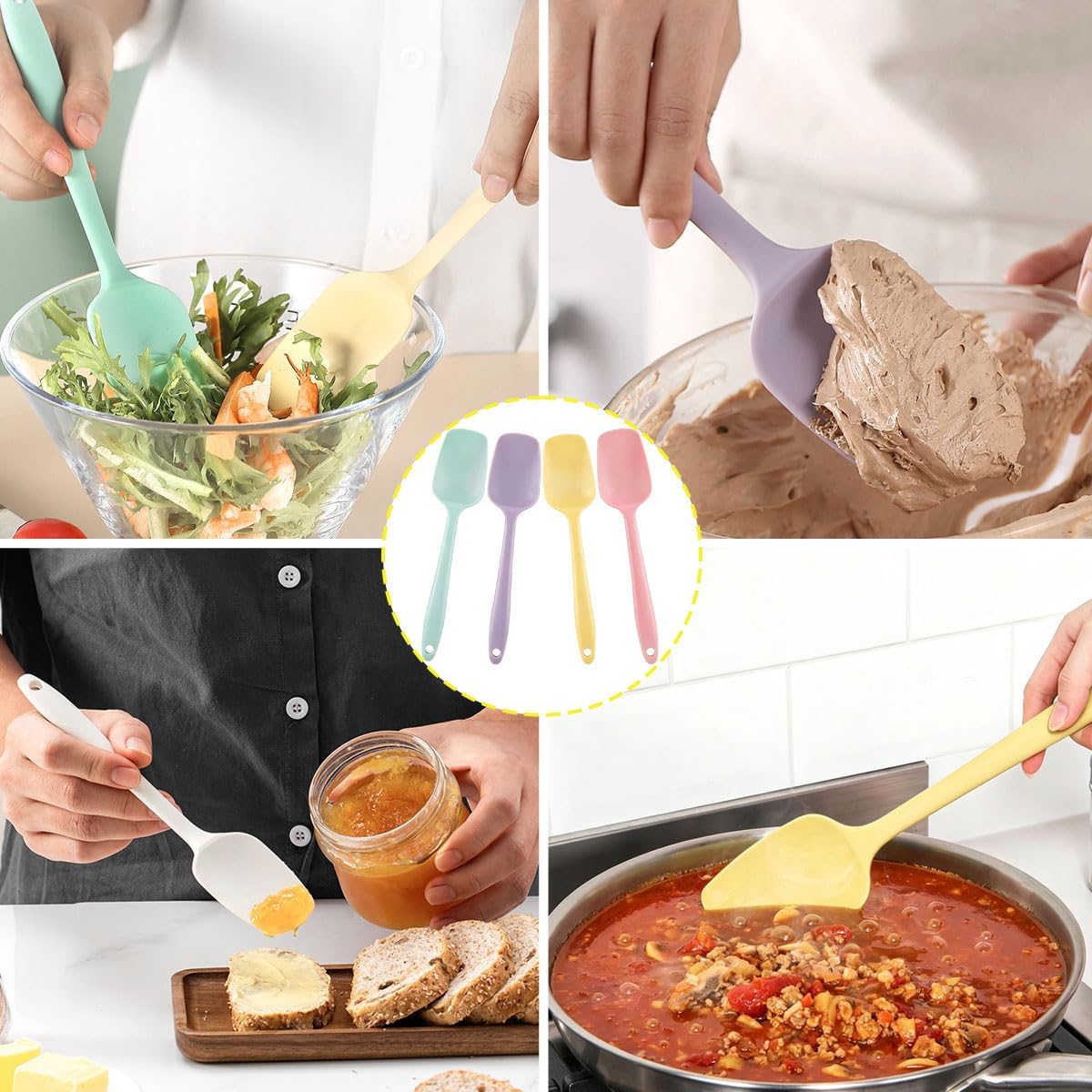 4 PCS Silicone Spatula,Rubber Spatula with Stainless Steel Core11 Inch Non-scratch Baking Cooking 8Inch Spatula Set Flexible Heat Resistant (Black)