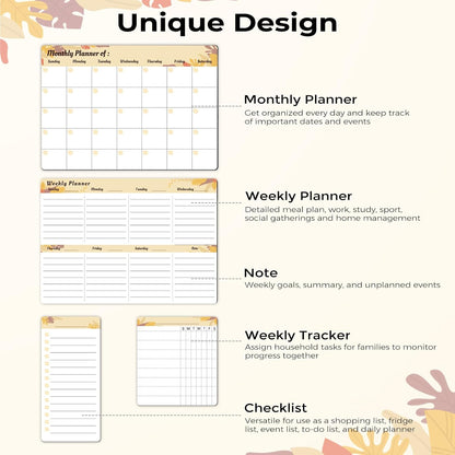 MARSROCK Refrigerator Calendar Magnetic, 16.3x11.7” (4-Pack) – Weekly & Monthly Planner, Chore Chart, Grocery/to-Do List for Fridge, Includes 8 Markers, 6 Magnets & 1 Eraser for Kitchen, Yellow