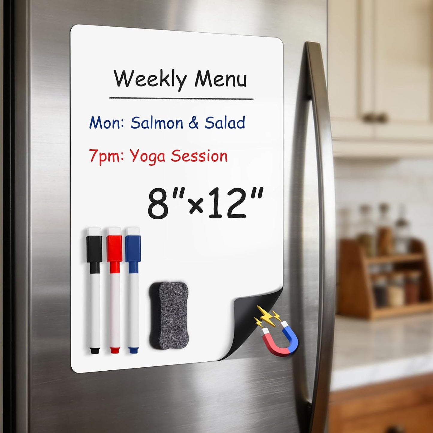 Magnetic Whiteboard for Fridge 12" x 8": Small Dry Erase Board Sheet for Kitchen Refrigerator as Weekly Menu Planner with Strong Magnet Backing - Flat Ships
