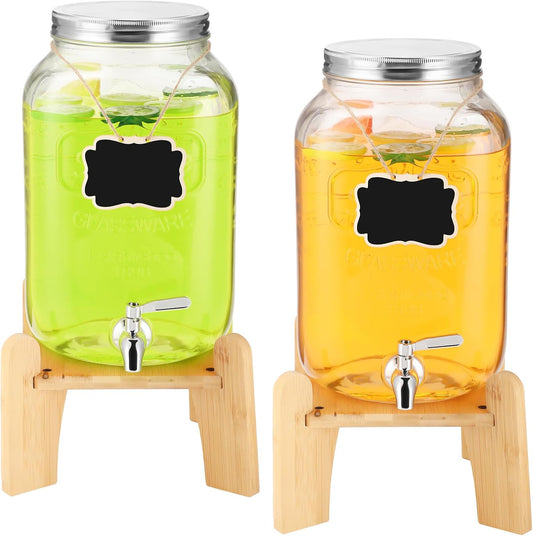 Sliner 2 Pack 2 Gallon Glass Drink Dispenser with Stand Glass Beverage Dispenser Water Juice Drink Containers for Parties with Stainless Steel Spigot Hanging Chalkboard(Stainless Steel)