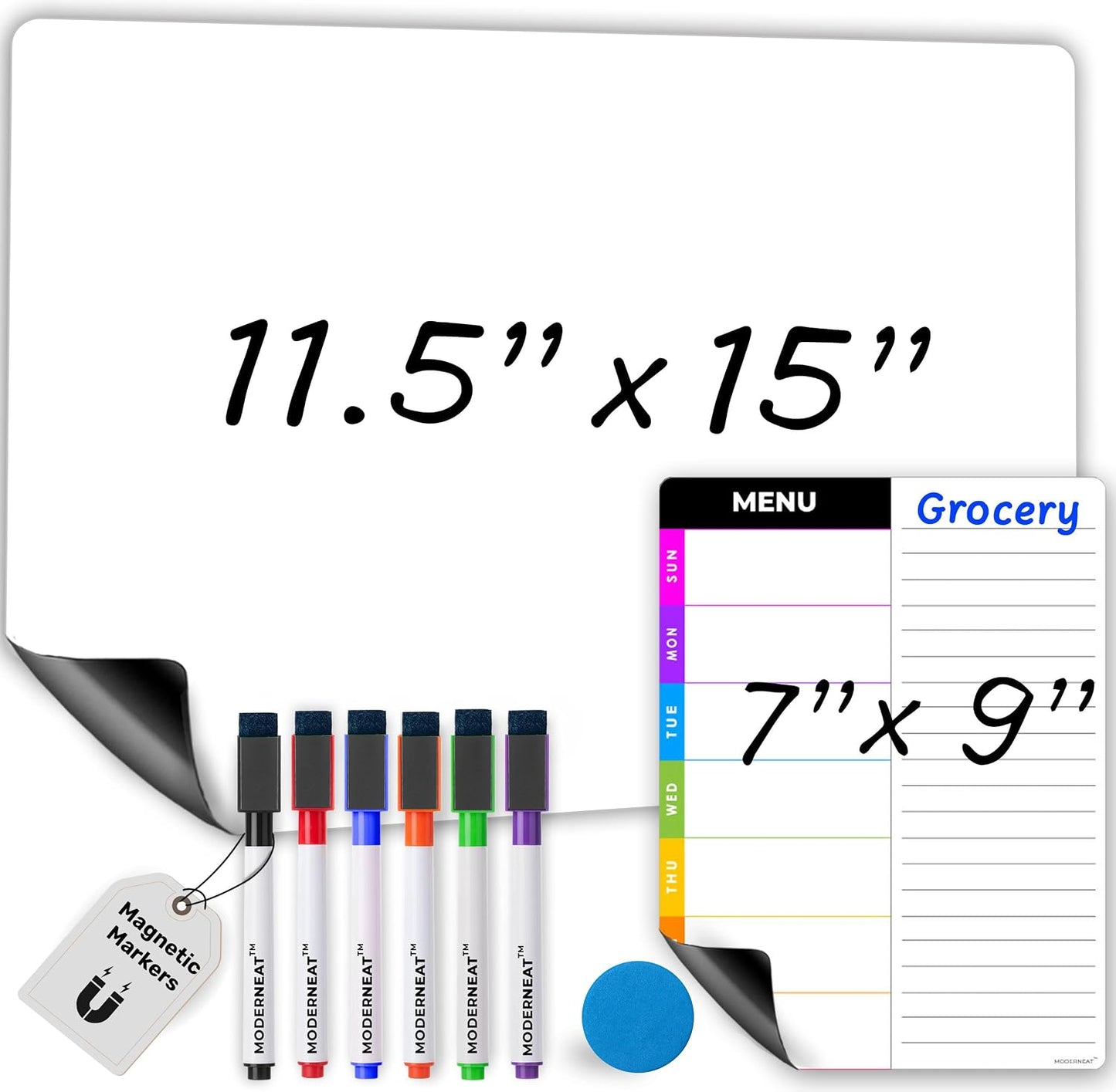 Magnetic Blackboard for Fridge - Dry Erase Black Board for Home, Office & Classroom (11.5" x15”), Menu Board for Kitchen Fridge - Family Meal Planner (7" x9”) - 6 Fine Tip Magnetic Markers & Eraser