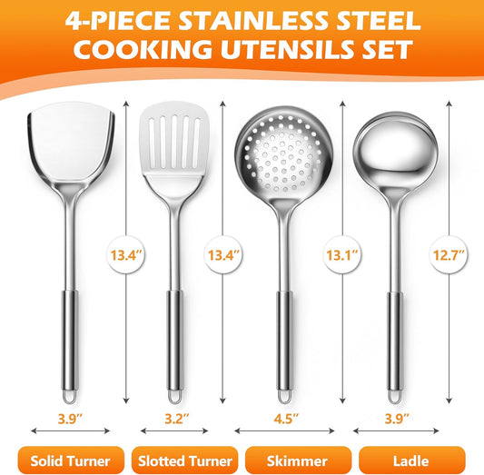 E-far Cooking Utensils Set, 10-Piece Stainless Steel Kitchen Utensils with Holder, Metal Heat Resistant Kitchen Cookware Tool Spatula Set for Cooking, Easy Clean & Dishwasher Safe