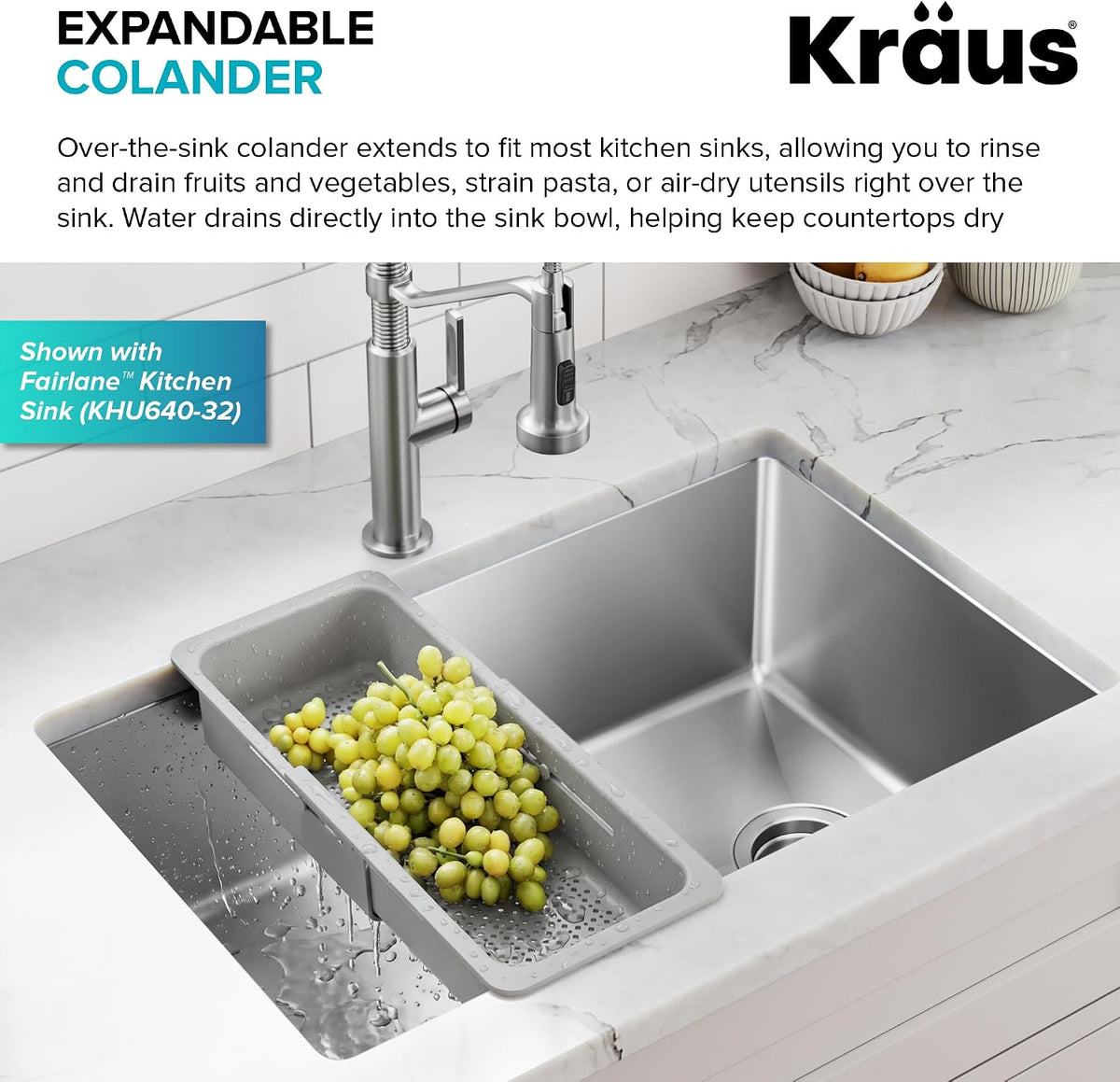 KRAUS Expandable Colander for Kitchen Sink/Over the Sink Colander, Lt Grey