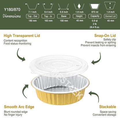 7.7" Round Aluminum Foil Containers with Lids (5 Pack) – Heavy Duty Disposable Takeout Pans for Meal Prep, Pasta, Casserole, Food Storage & Catering, 48oz